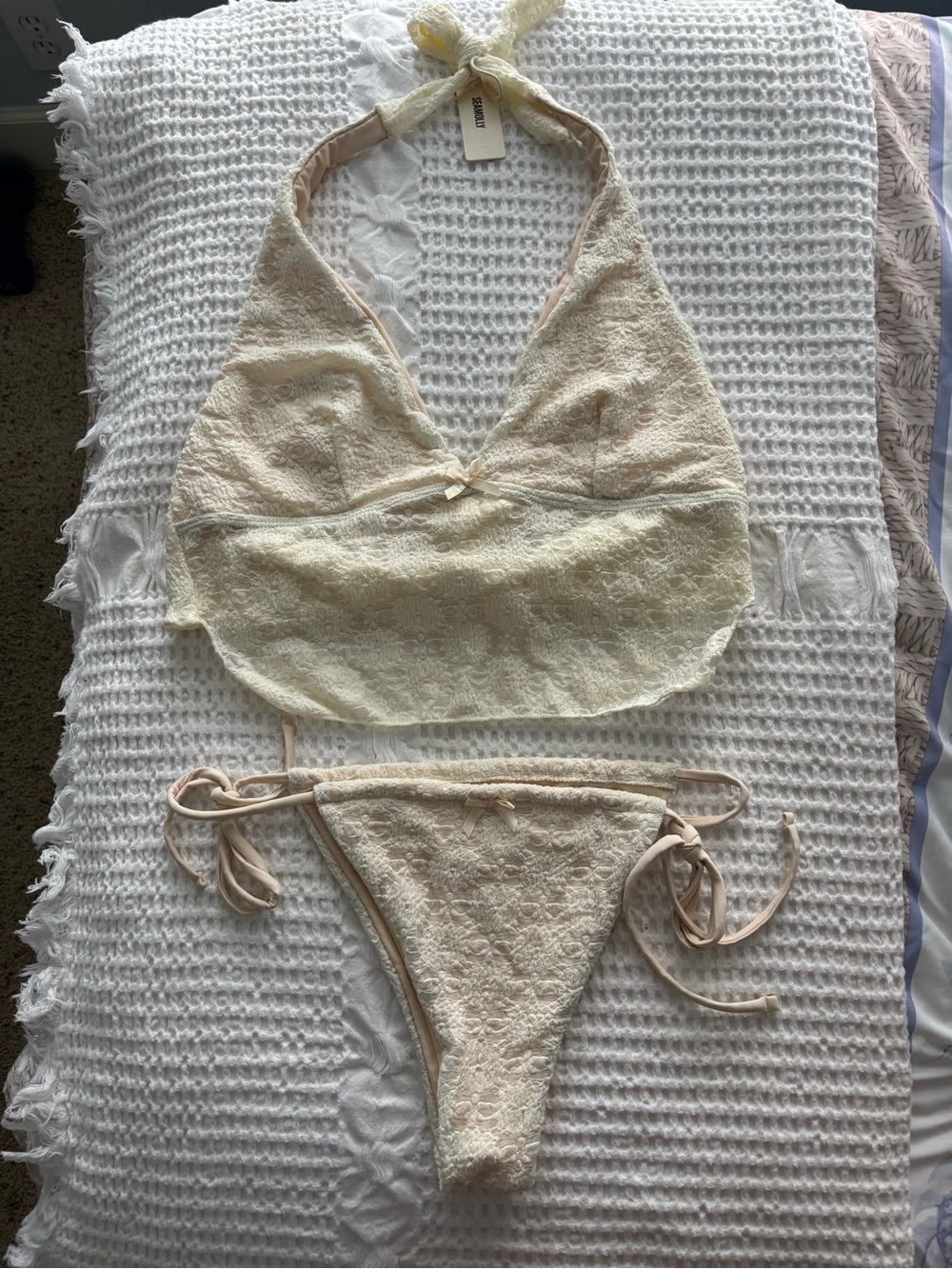 Lace Halter Bikini Set - Cream